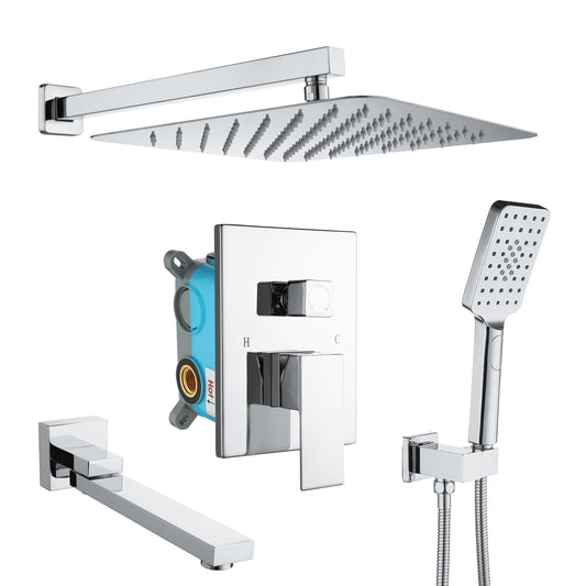 Shower Faucet Set Anti-scald Shower Fixtures with Rough-in Pressure Balanced Valve and Embedded Box, Wall Mounted Rain Shower System