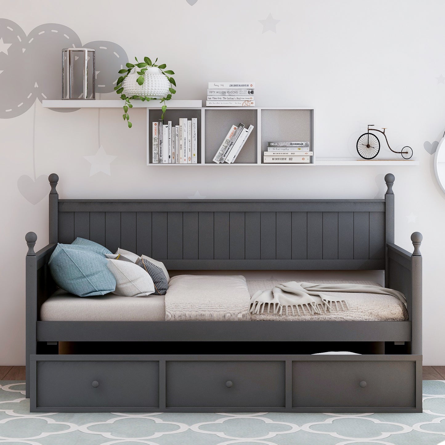 Wood Daybed with Three Drawers ,Twin Size Daybed,No Box Spring Needed ,Gray