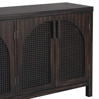 TREXM Large Storage Space Sideboard with Artificial Rattan Door and metal handles for Living Room and Entryway (Espresso)