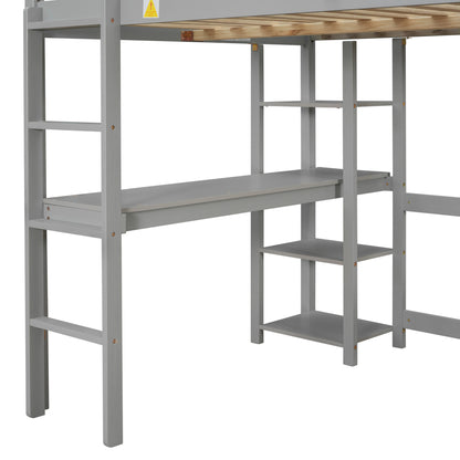 Full Loft Bed with Desk and Shelves,Gray