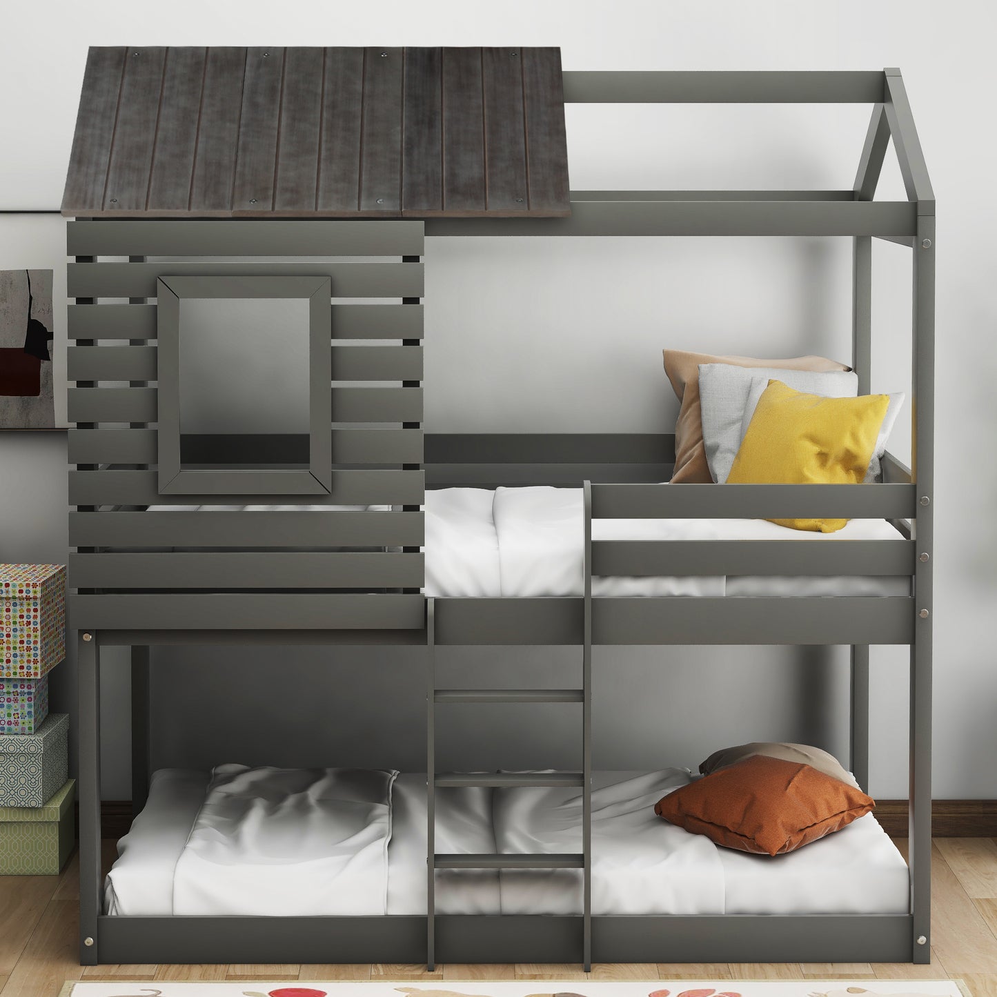Twin Over Twin Bunk Bed Wood Loft Bed with Roof, Window, Guardrail, Ladder (Gray)(OLD SKU: LP000088AAN)