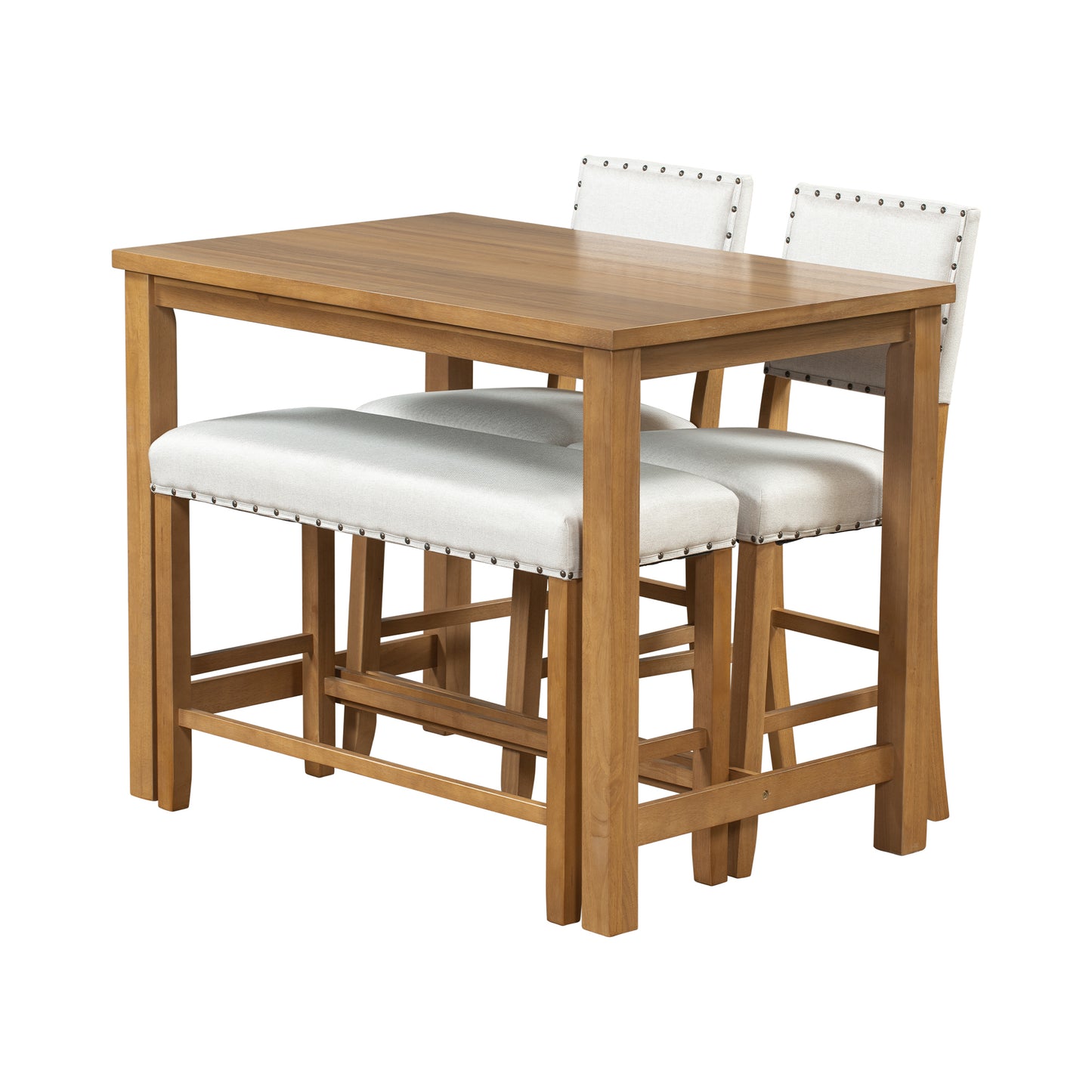 TOPMAX 4 Piece Rustic Wooden Counter Height Dining Table Set with Upholstered Bench for Small Places, Natural+Beige