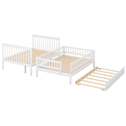 Full over Full Bunk Bed with Trundle and Staircase,White