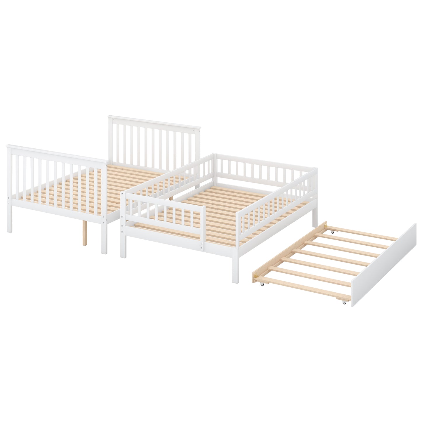 Full over Full Bunk Bed with Trundle and Staircase,White