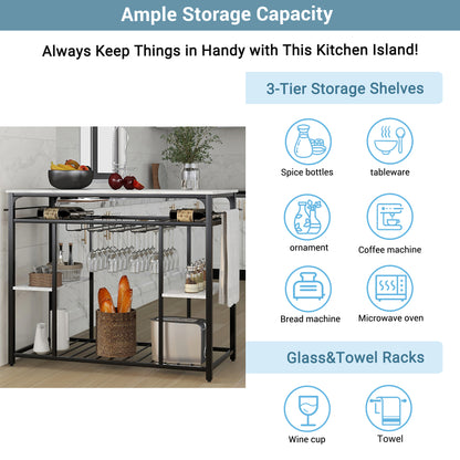 TOPMAX Counter Height Kitchen Dining Room Kitchen Island Prep Table with Glass Racks, Kitchen Rack with Large Worktop, Console Table for Living Room, Marble White