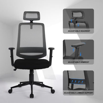 Vanbow.Ergonomic office chair mesh computer chair - High Back Desk Chair with Adjustable Lumbar Support, PP fixed handrail（GREY)