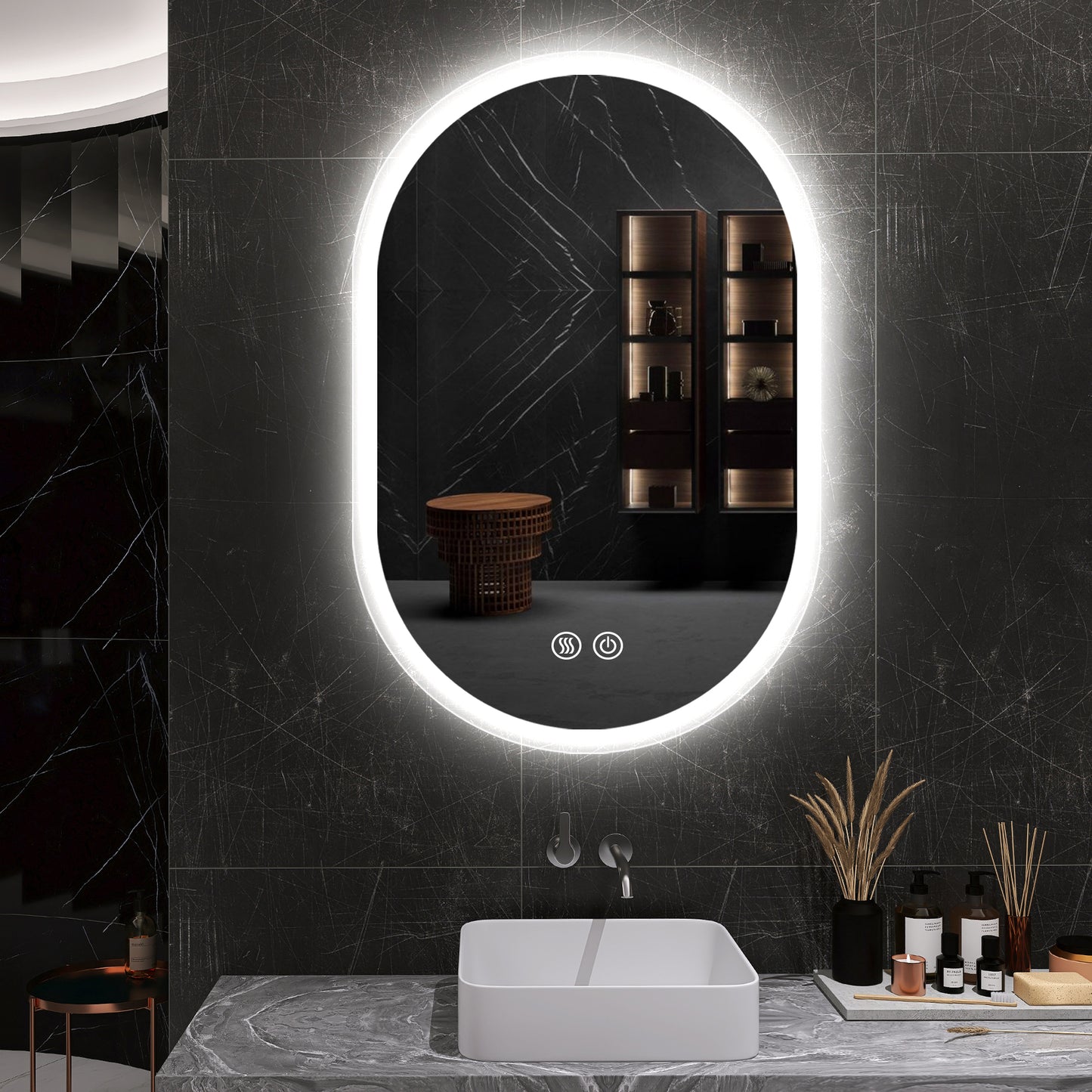 32X20 Inch Bathroom Mirror with Lights, Anti Fog Dimmable LED Mirror for Wall Touch Control, Frameless Oval Smart Vanity Mirror Vertical Hanging