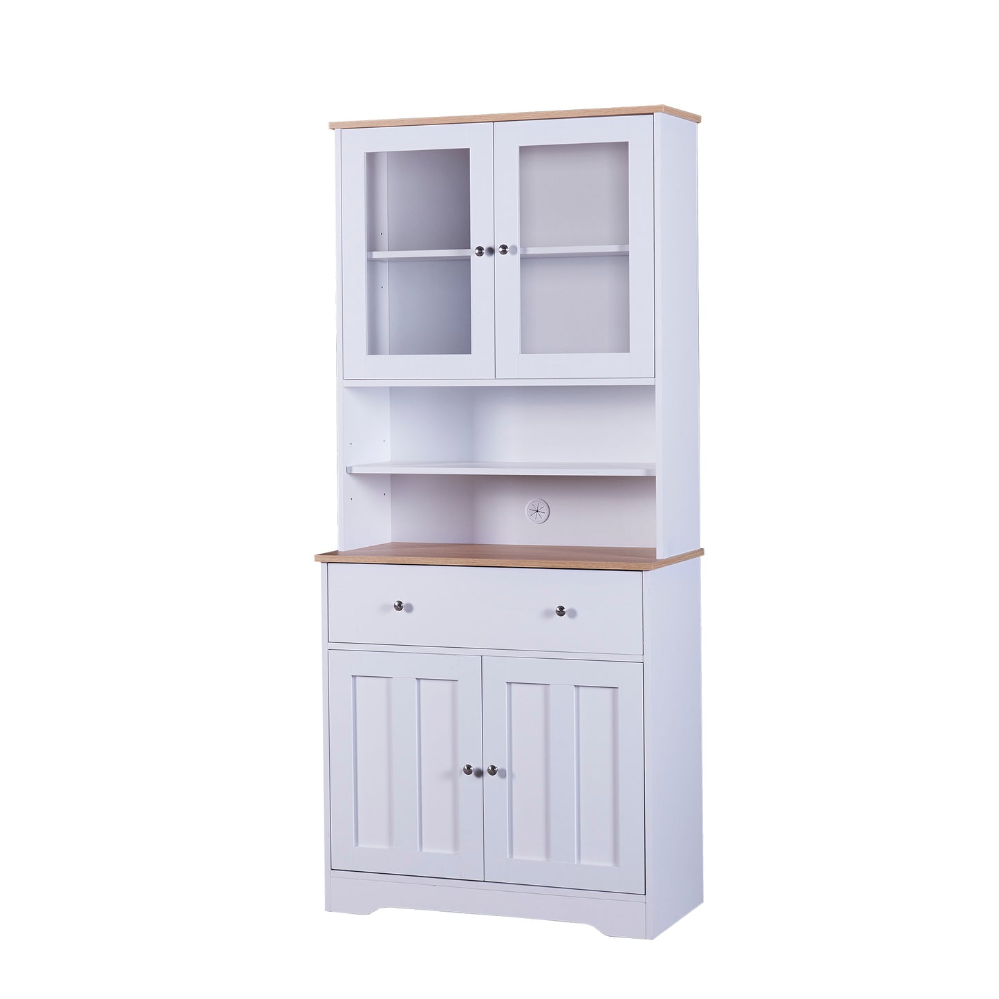 TREXM 70.9" Multifunctional Pantry Cabinet MDF Storage Cabinet with Glass Doors, A Large Drawer and Adjustable Shelves (White)