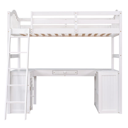 Twin size Loft Bed with Drawers, Cabinet, Shelves and Desk, Wooden Loft Bed with Desk - White(OLD SKU :LT000505AAK)