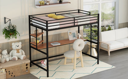 Twin Metal Loft Bed with Desk and Shelve,Black