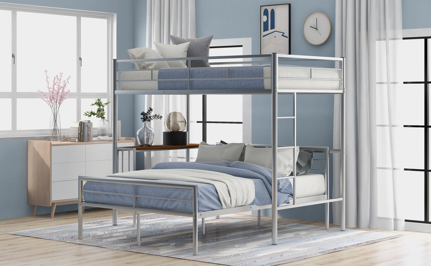 Twin Over Full Metal Bunk Bed with Desk, Ladder and Quality Slats for Bedroom, Metallic Silver（OLD SKU :LP000092AAN）