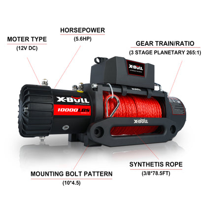 X-BULL 12V Synthetic Rope Winch-10000 lb. Load Capacity Electric Winch Kit,Waterproof IP67 Electric Winch with Hawse Fairlead, with Both Wireless Handheld Remote and Corded Control Recovery