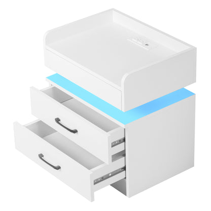 Nightstand with 2 Drawers,USB Charging Ports and Remote Control LED Light-White