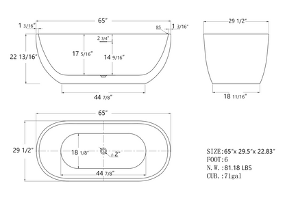 65" Acrylic Free Standing Tub - Classic Oval Shape Soaking Tub, Adjustable Freestanding Bathtub with Integrated Slotted Overflow and Chrome Pop-up Drain Anti-clogging Gloss White