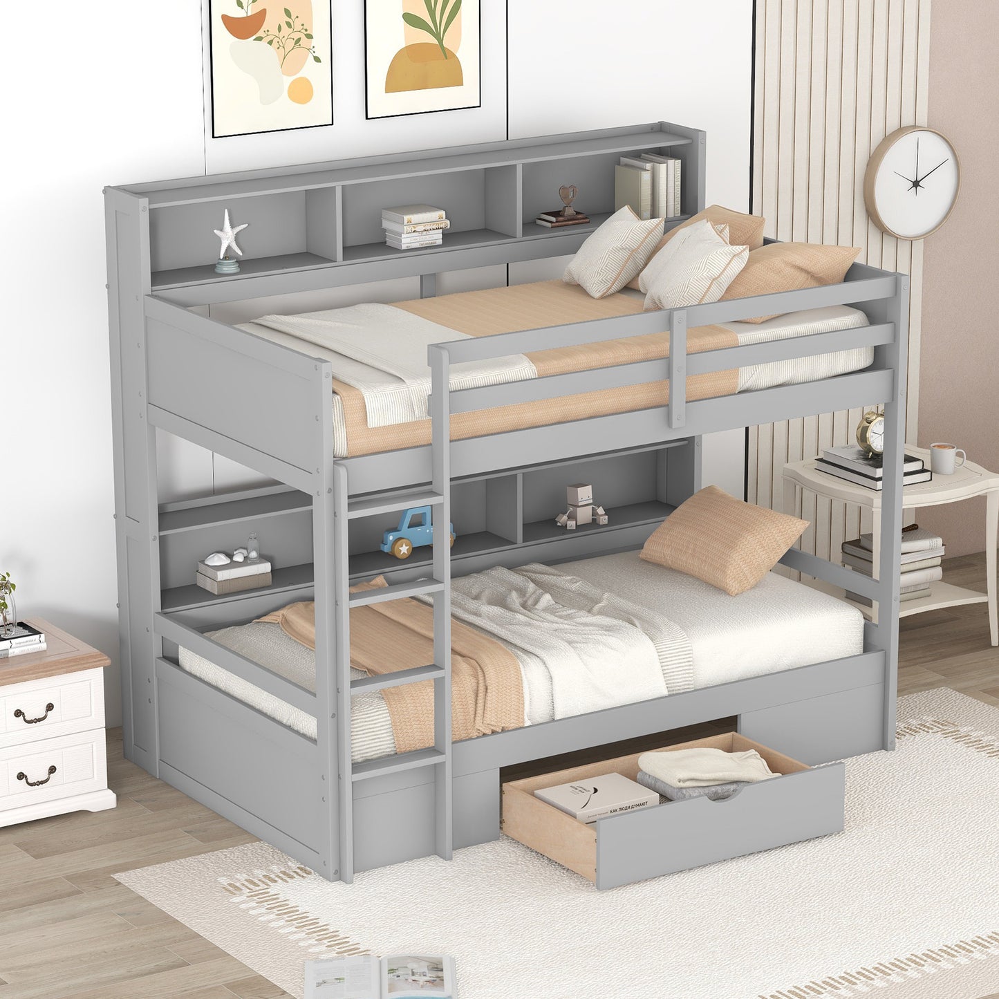 Twin Size Bunk Bed with Built-in Shelves Beside both Upper and Down Bed and Storage Drawer,Gray