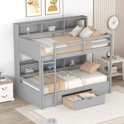 Twin Size Bunk Bed with Built-in Shelves Beside both Upper and Down Bed and Storage Drawer,Gray