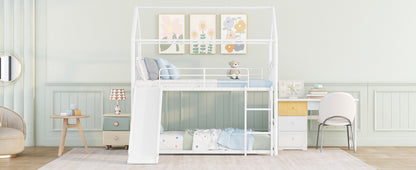 Twin Over Twin Metal Bunk Bed With Slide,Kids House Bed White