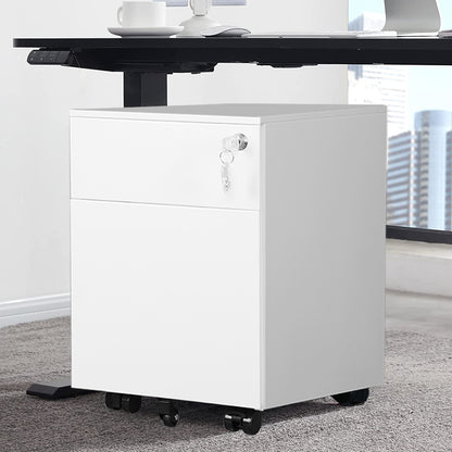 2 Drawer Mobile File Cabinet with Lock Metal Filing Cabinet for Legal/Letter/A4/F4 Size, Fully Assembled Include Wheels, Home/Office Design，White