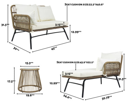 3PCS Outdoor Patio Balcony L Shape Natural Color PE Wicker Sofa Set with Beige Cushion,Round Tempered Glass Table and Furniture Cover