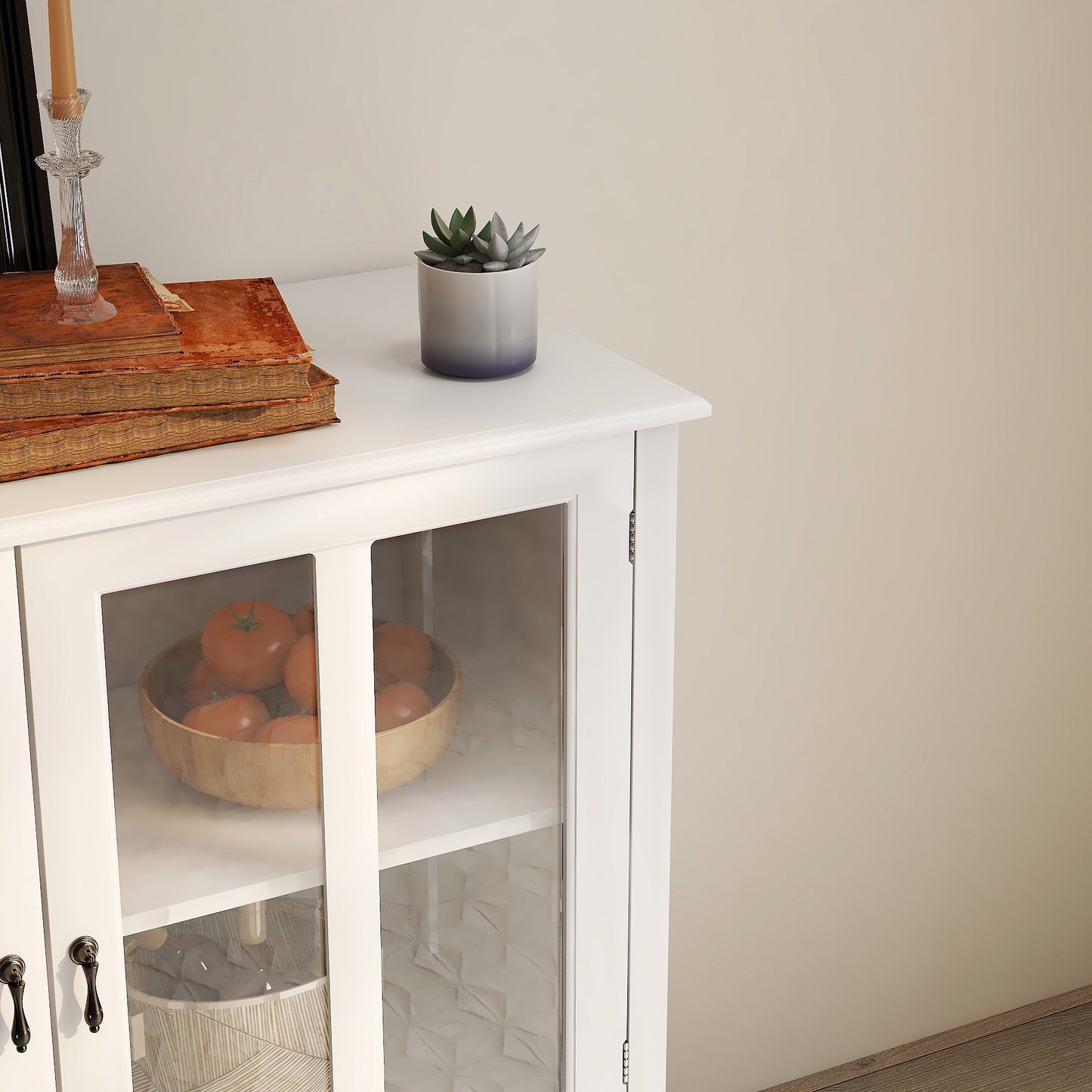 Buffet storage cabinet with double glass doors and unique bell handle