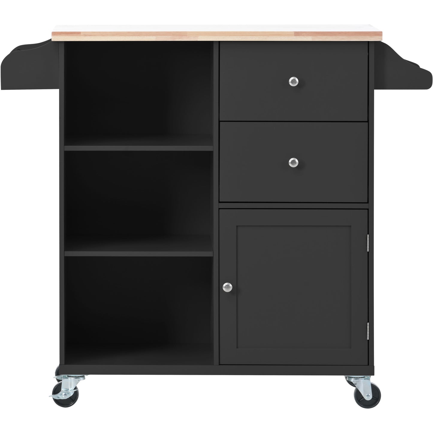 K&K Store Kitchen Cart on 4 Wheels with 2 Drawers and 3 Open Shelves, Kitchen Island with Rubber Wood top for Dinning Room, Black