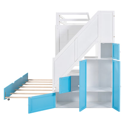 Twin Over Twin Bunk Bed with Trundle ,Stairs,Ladders Solid Wood Bunk bed with Storage Cabinet （White + Blue）