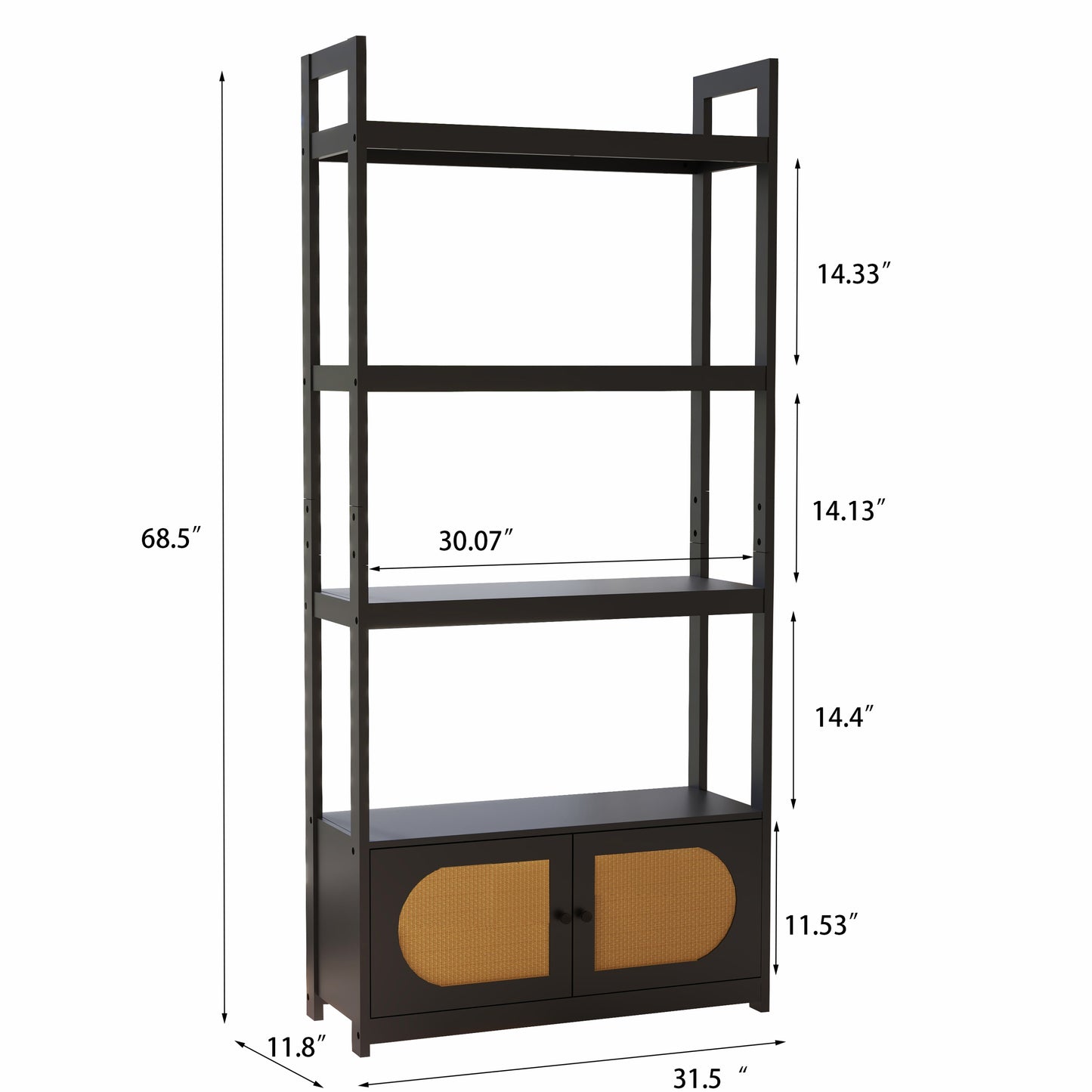 Woven Cane 4-tier Bookshelf Storage Rack Shelves with 2 Doors Wooden Freestanding Bookcases-black