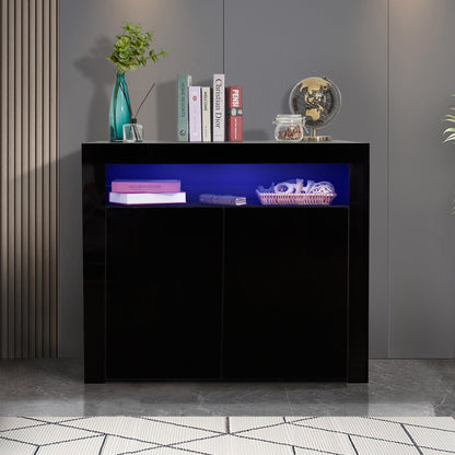 Living Room Sideboard Storage Cabinet Black High Gloss with LED Light, Modern Kitchen Unit Cupboard Buffet Wooden Storage Display Cabinet TV Stand with 2 Doors for Hallway Dining Room