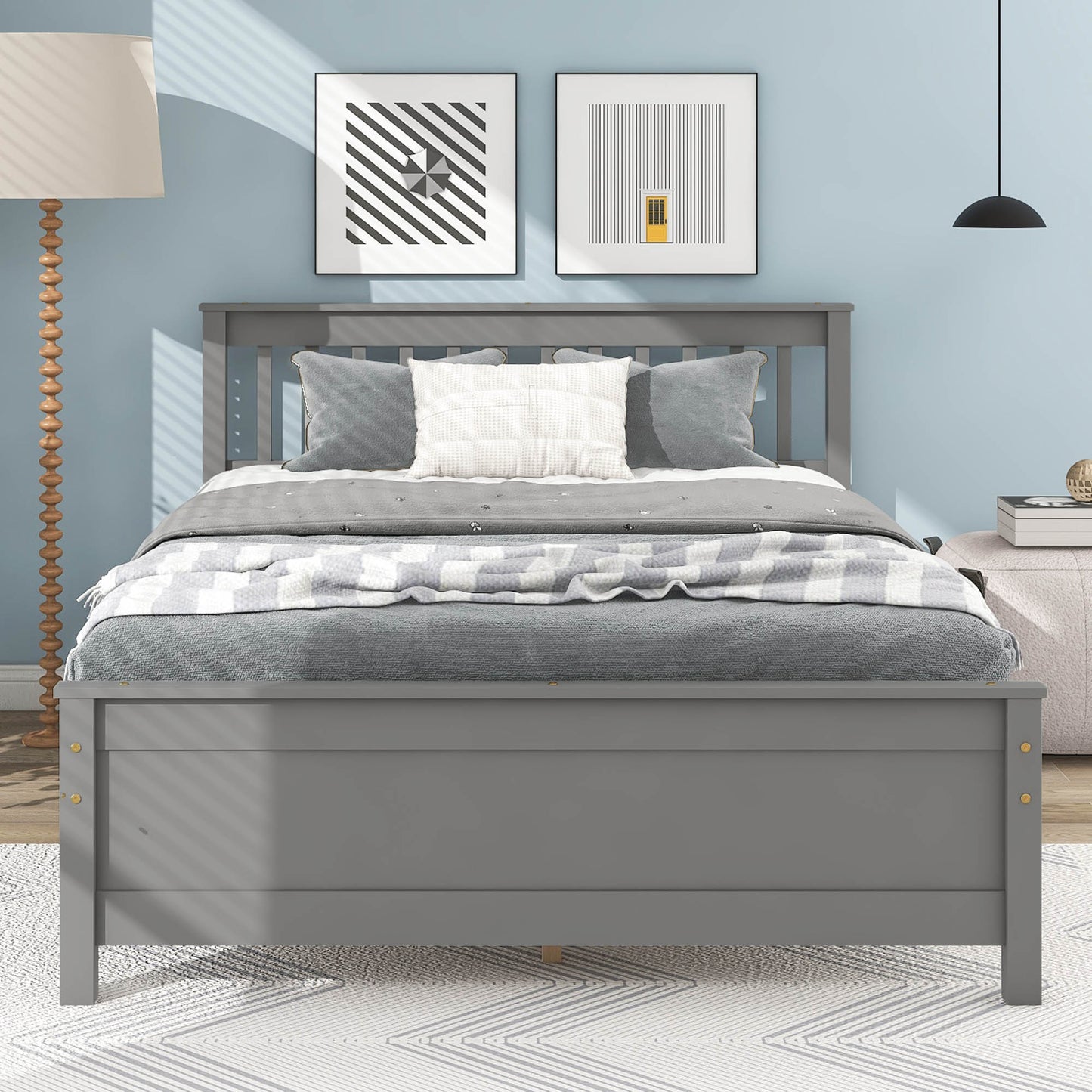 Full Bed with Headboard and Footboard for Kids, Teens, Adults,with a Nightstand,Grey