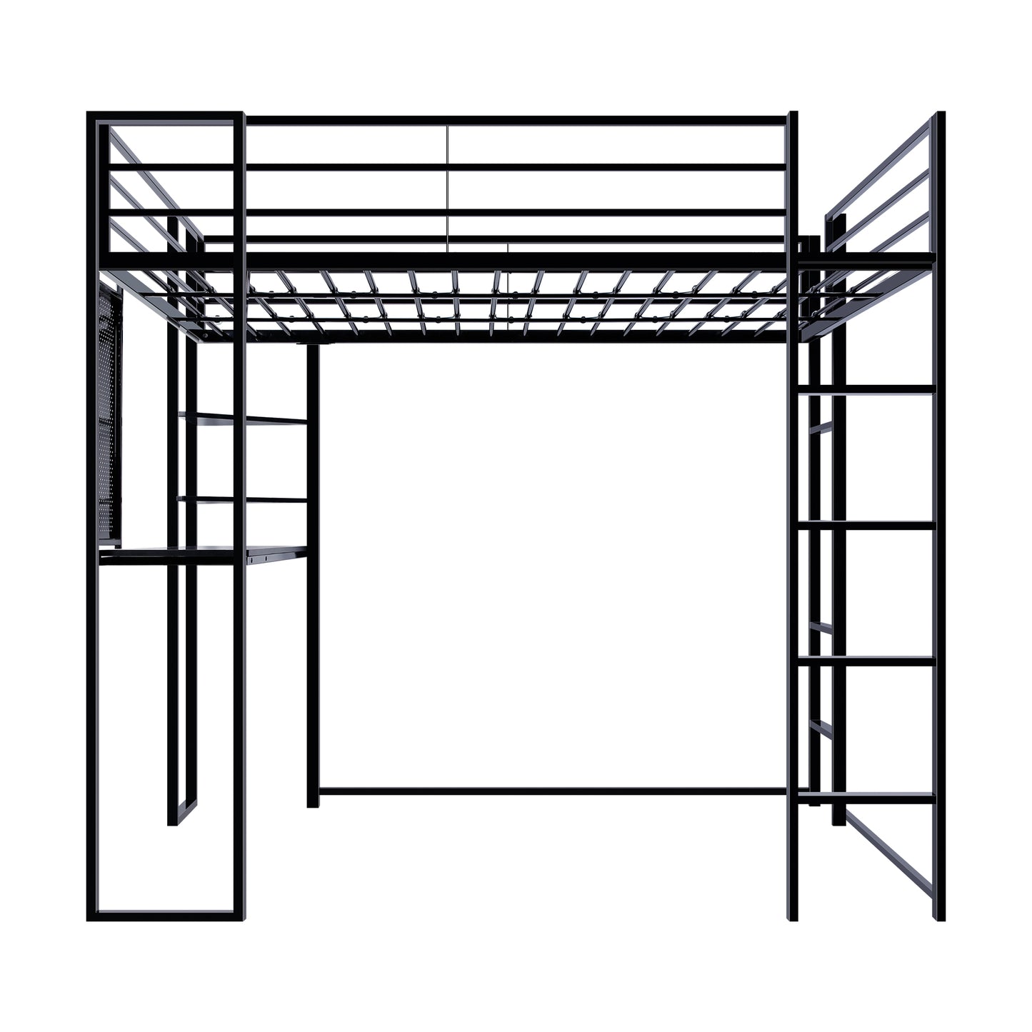 Full Size Loft Bed with Desk and Shelves, Metal Loft Bed with 2 Built-in Ladders, Full-length Guardrail, Hold up to 240lbs,Noise Free,79.53"L x 57.09"W x 72.01"H