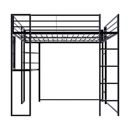 Full Size Loft Bed with Desk and Shelves, Metal Loft Bed with 2 Built-in Ladders, Full-length Guardrail, Hold up to 240lbs,Noise Free,79.53"L x 57.09"W x 72.01"H