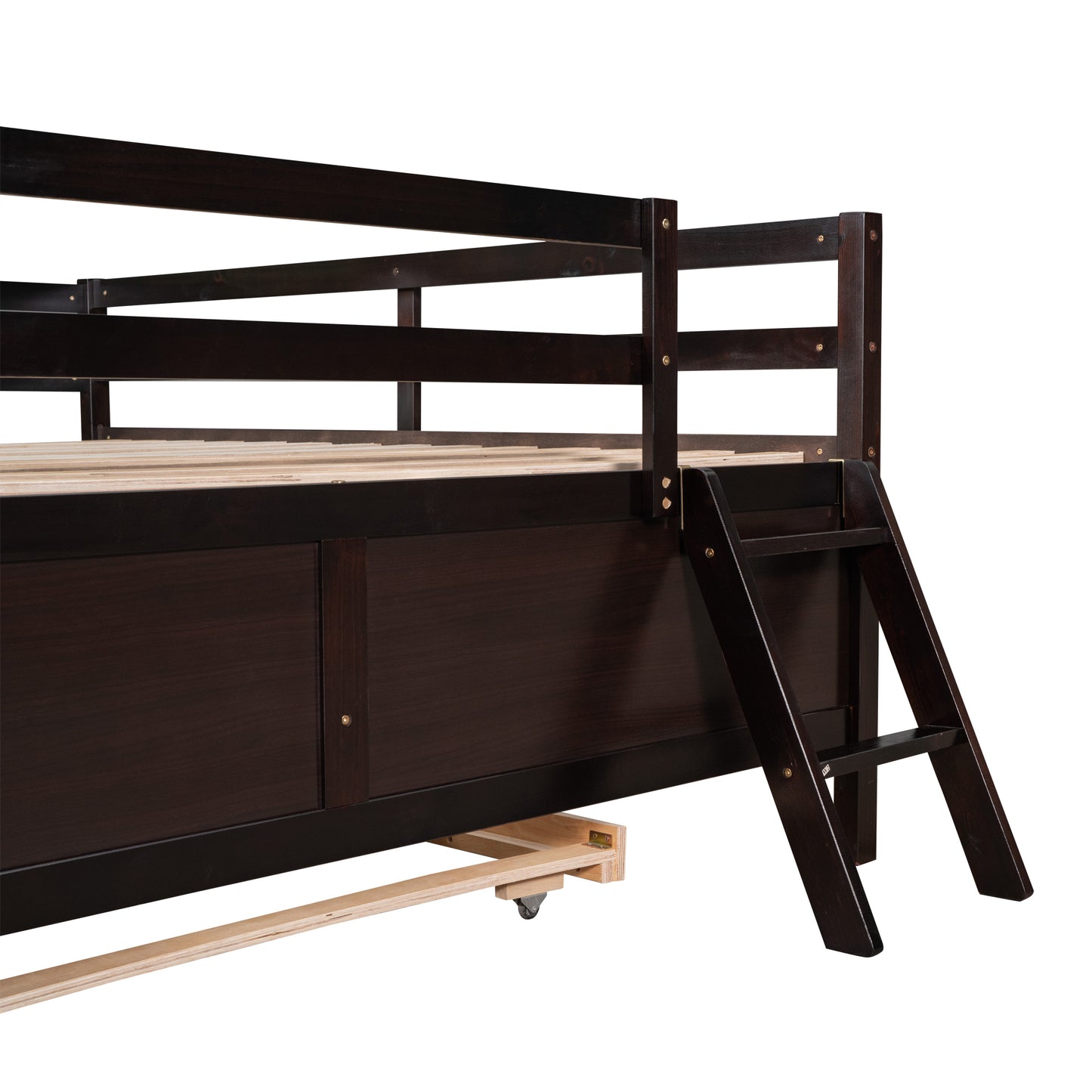 Low Loft Bed Full Size with Full Safety Fence, Climbing ladder, Storage Drawers and Trundle Espresso Solid Wood Bed