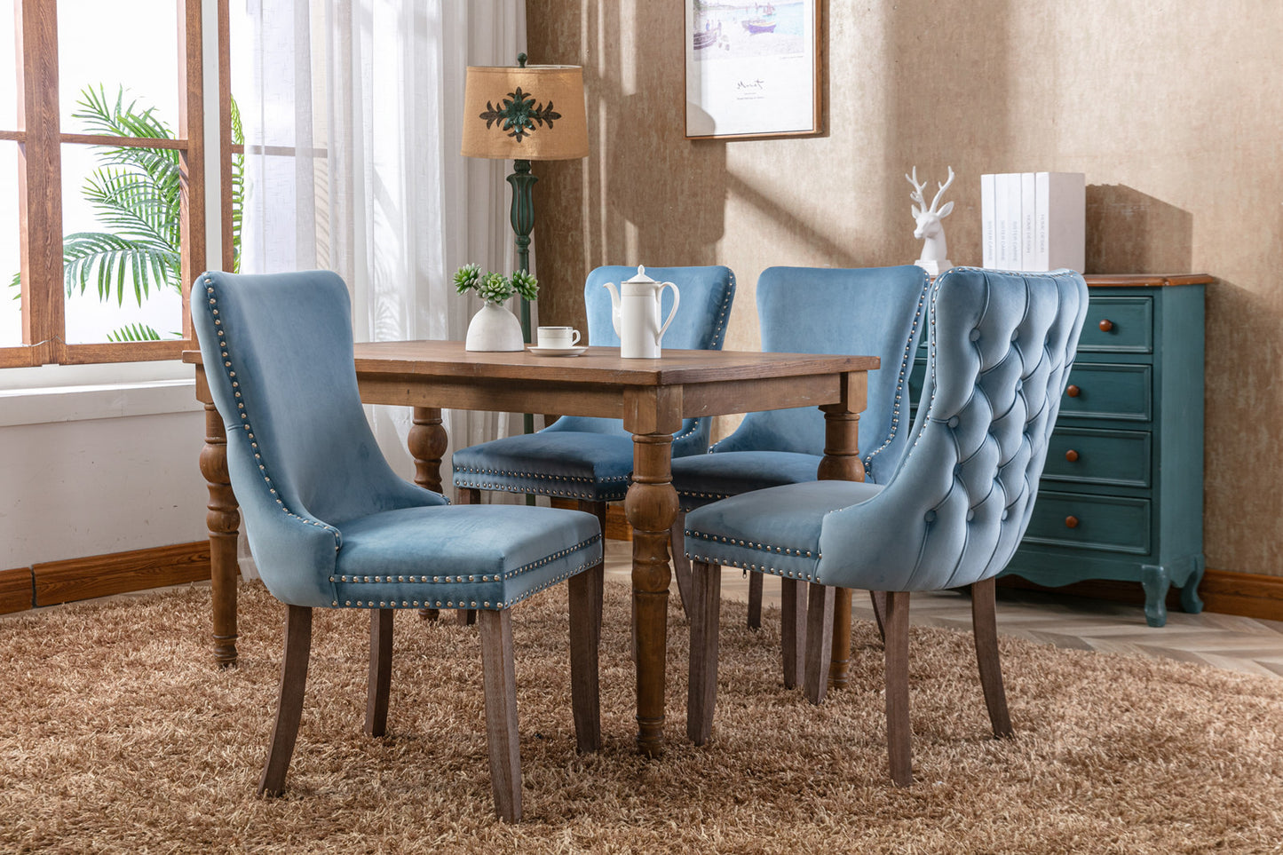 A&A Furniture,Upholstered Wing-Back Dining Chair with Backstitching Nailhead Trim and Solid Wood Legs,Set of 2, Light Blue,8809LB, KD