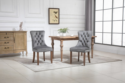 Upholstered Button Tufted Back Gray Velvet Dining Chair with Nailhead Trim and Solid Wood Legs 2 Sets