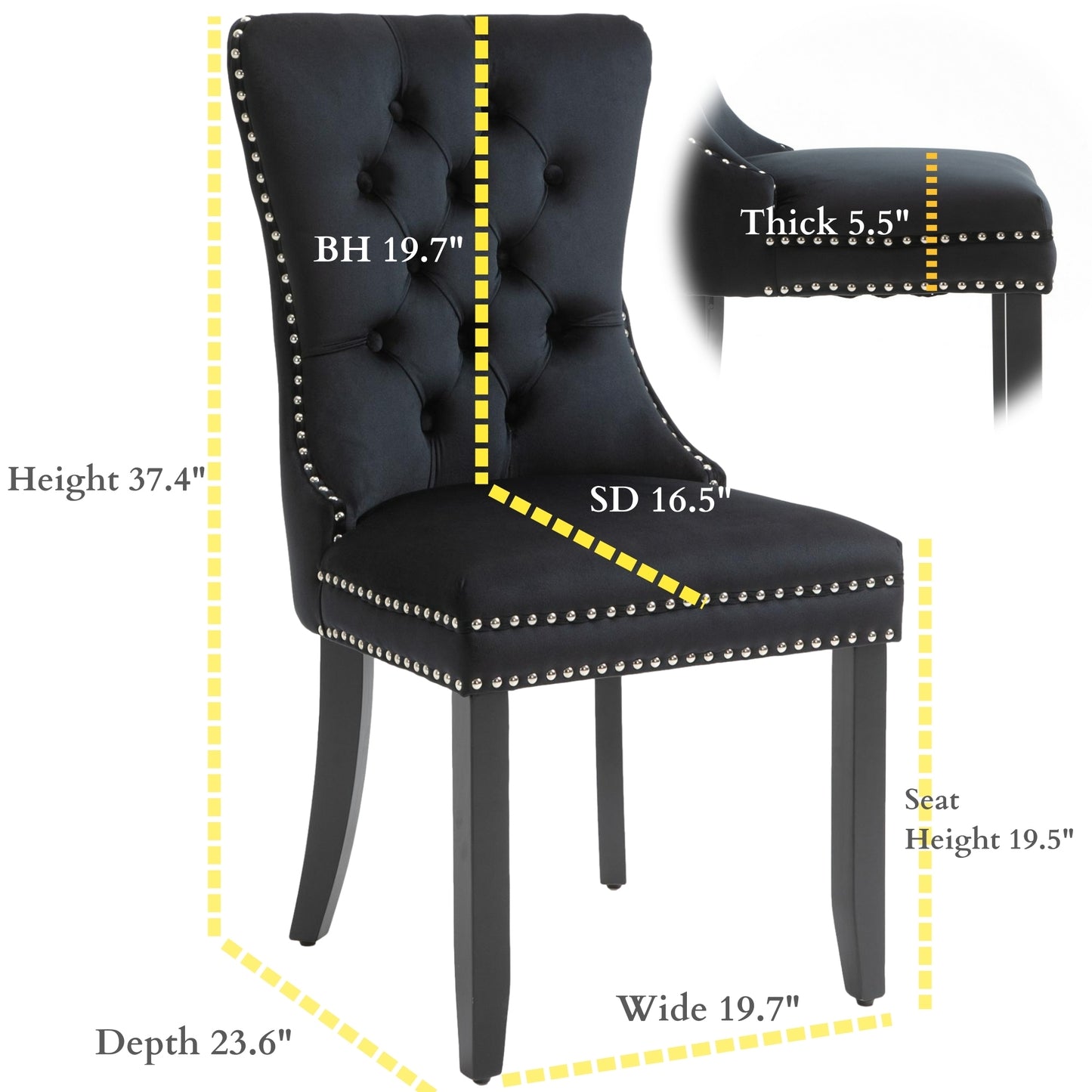 Upholstered Button Tufted Back Black Velvet Dining Chair with Nailhead Trim and Solid Wood Legs 2 Sets