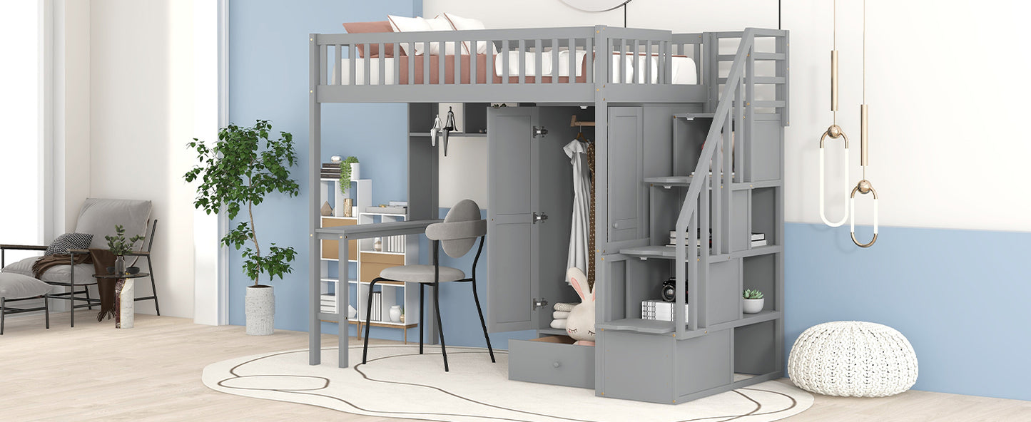 Twin size Loft Bed with Bookshelf,Drawers,Desk,and Wardrobe-Gray