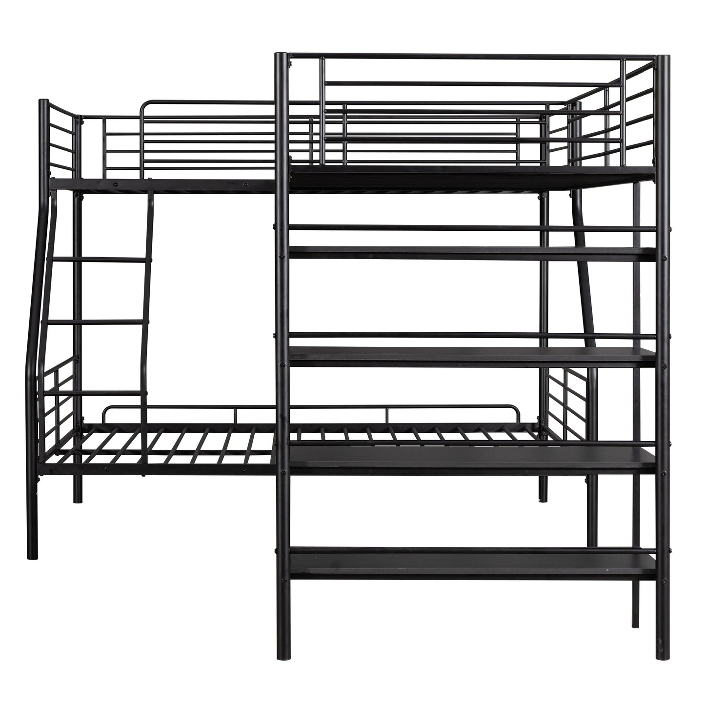 L-Shaped Metal Twin over Full Bunk Bed and Twin Size Loft Bed with Four Built-in Shelves,Black