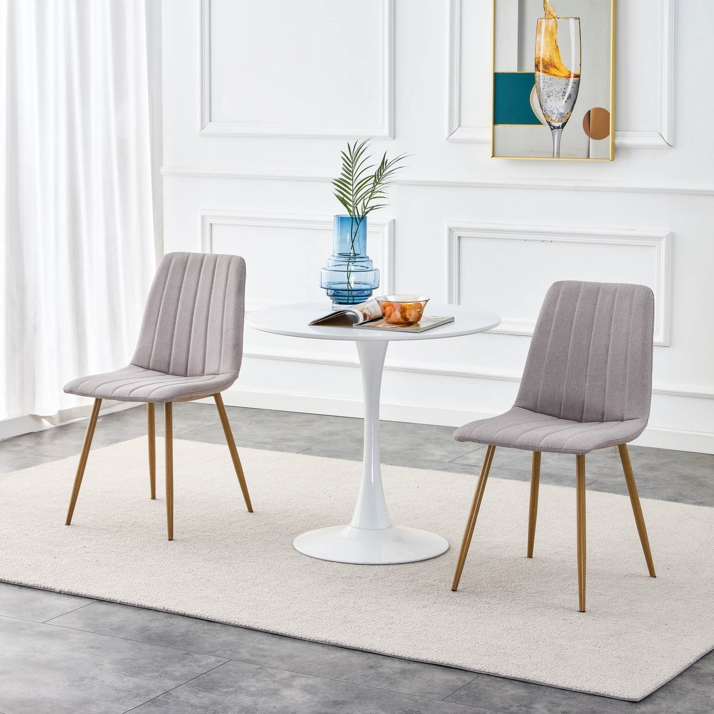 Dining Chairs Set of 4, Modern Style Dining Kitchen Room Upholstered Side Chairs.Accent office Chairs with Soft Linen and Wood color Metal Legs.For dining room living room office.Light grey