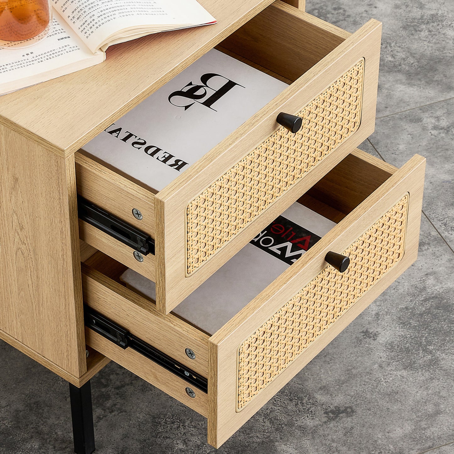 Modern simple storage cabinet MDF Board bedside cabinet Japanese rattan bedside cabinet Small household furniture bedside table.Applicable to dressing table in bedroom, porch, living room.2 Drawers