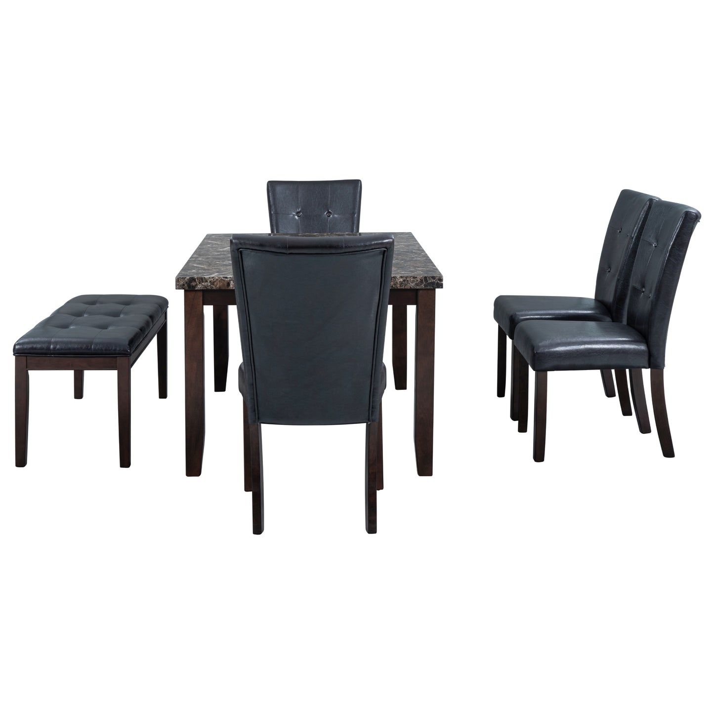 6-piece Faux Marble Dining Table Set  with one Faux Marble Dining Table ,4 Chairs and 1 Bench, Table: 66”x38”x 30”,Chair: 20.2”x28.5”x39”, Black