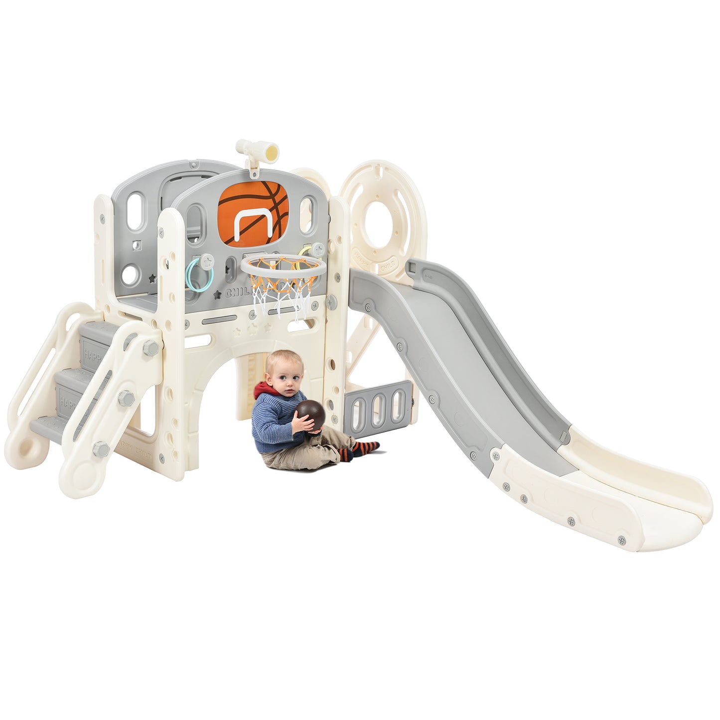 Kids Slide Playset Structure, Freestanding Castle Climbing Crawling Playhouse with Slide, Arch Tunnel, Ring Toss, and Basketball Hoop, Toy Storage Organizer for Toddlers, Kids Climbers Playground