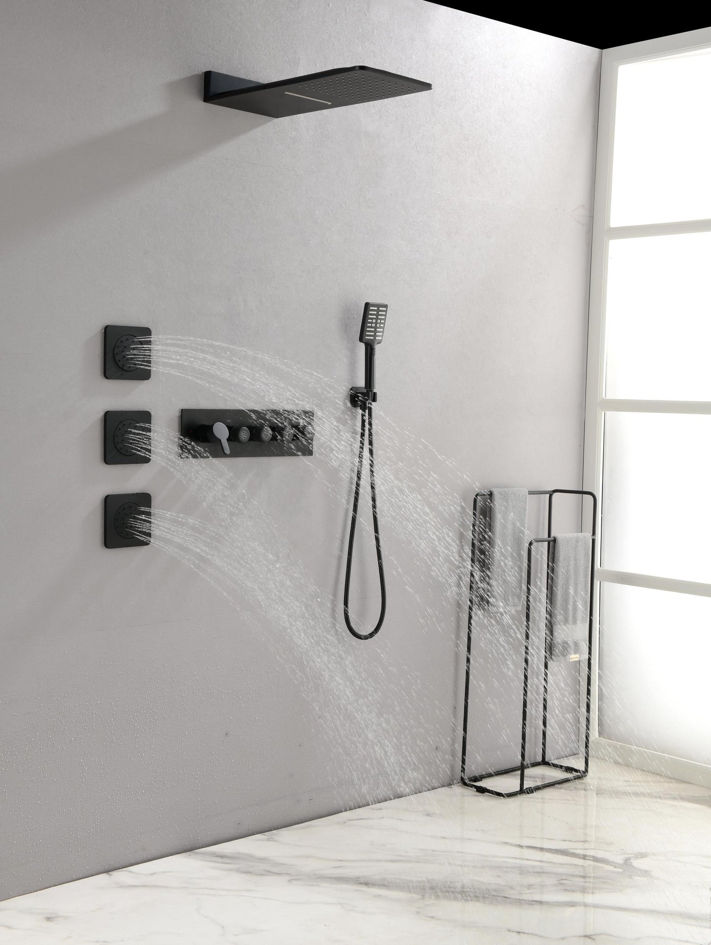 Wall Mounted Waterfall Rain Shower System With 3 Body Sprays & Handheld Shower