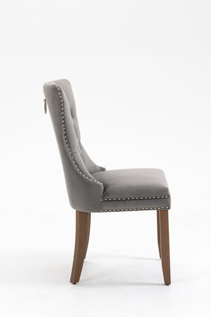 Upholstered Button Tufted Back Gray Velvet Dining Chair with Nailhead Trim and Solid Wood Legs 2 Sets