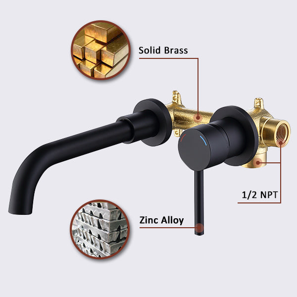 Wall Mount Faucet for Bathroom Sink or Bathtub, Single Handle 2 Holes Brass Rough-in Valve Included, Matte Black