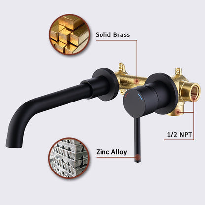 Wall Mount Faucet for Bathroom Sink or Bathtub, Single Handle 2 Holes Brass Rough-in Valve Included, Matte Black