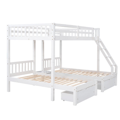 Full Over Twin & Twin Bunk Bed, Wood Triple Bunk Bed with Drawers and Guardrails  (White) （OLD SKU:LP000143AAK）