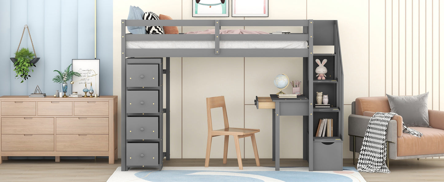 Twin size Loft Bed with Storage Drawers ,Desk and Stairs, Wooden Loft Bed with Shelves - Gray