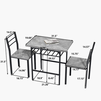 Modern 3-Piece  Dining Table Set with  2 Chairs for Dining Room，Black Frame+Printed Gray Marble Finish