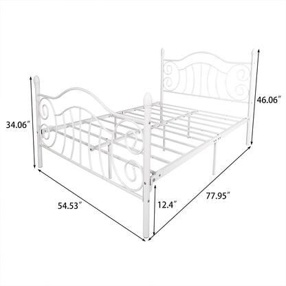 Metal bed frame platform mattress foundation with headboard and footboard, heavy duty and quick assembly, Full  White