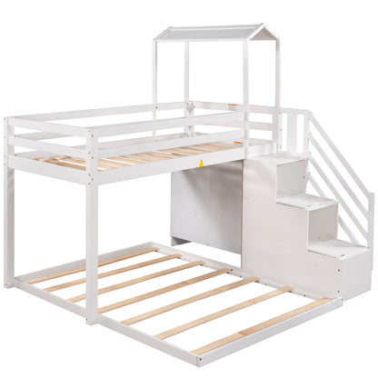 Twin over Full House Roof Bunk Bed with Staircase and Shelves, White